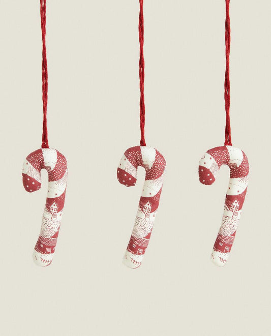 PACK OF PATCHWORK CANDY CANE CHRISTMAS DECORATIONS (PACK OF 3)