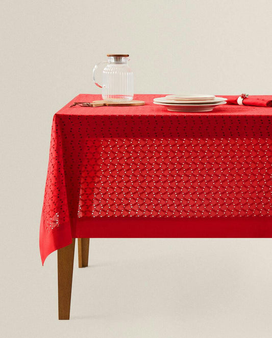 EMBROIDERED COTTON CHRISTMAS TABLECLOTH