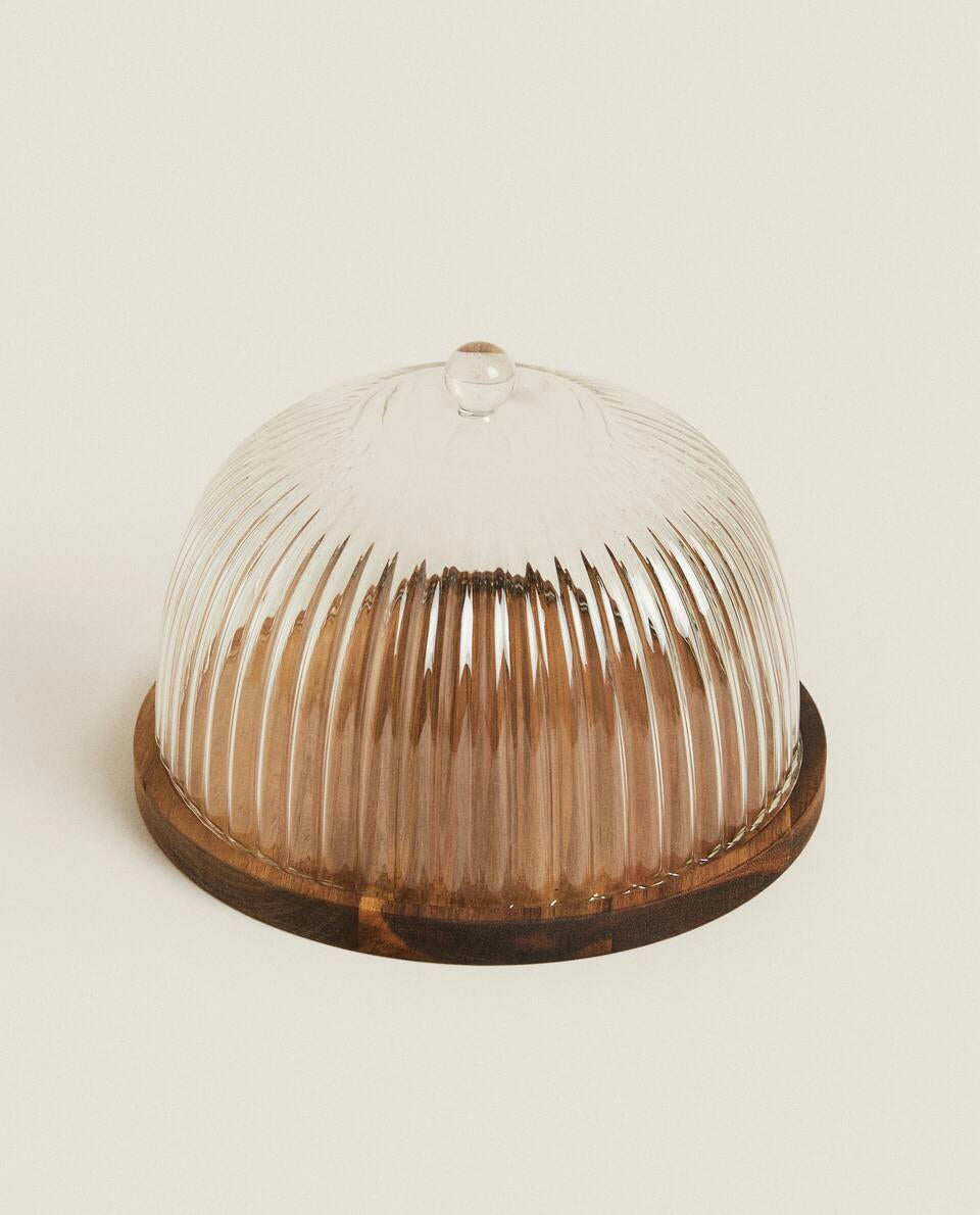WOODEN AND GLASS CAKE PLATE