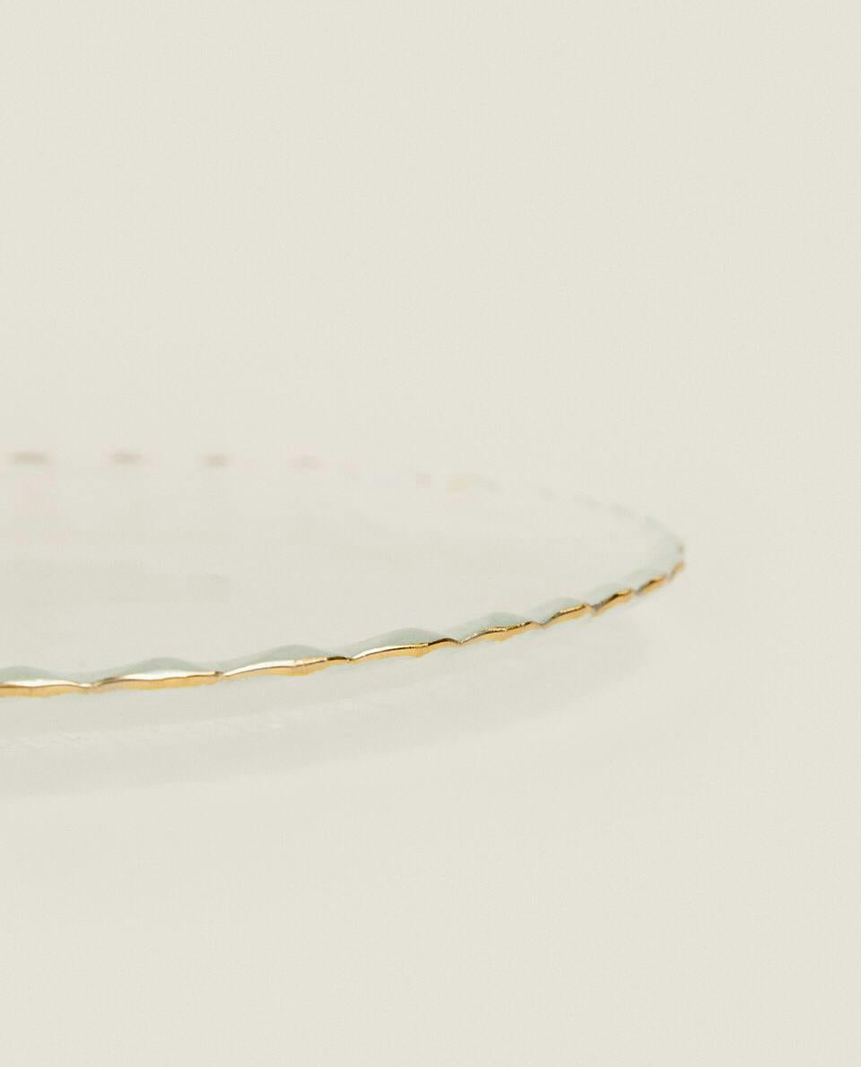 CHRISTMAS GLASS DESSERT PLATE WITH GOLD RIM