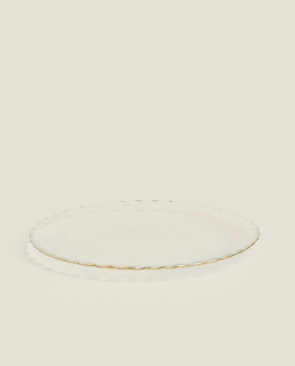 CHRISTMAS GLASS DESSERT PLATE WITH GOLD RIM