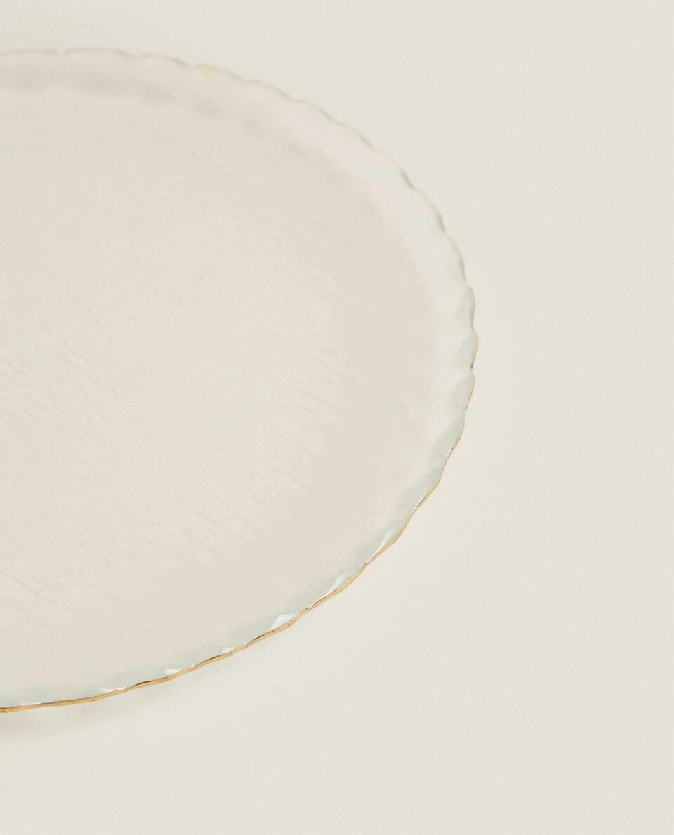 CHRISTMAS GLASS DESSERT PLATE WITH GOLD RIM