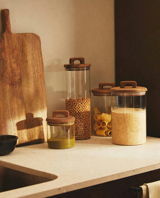 BOROSILICATE GLASS AND WOOD STORAGE JAR